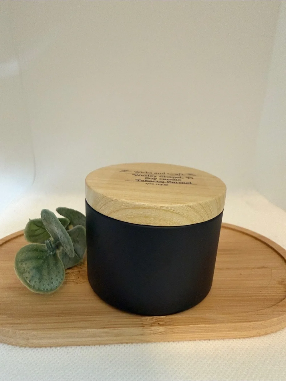 Wicks and Craft Tobacco Caramel Soy Candle - Dark Brown Jar with Wood Lid